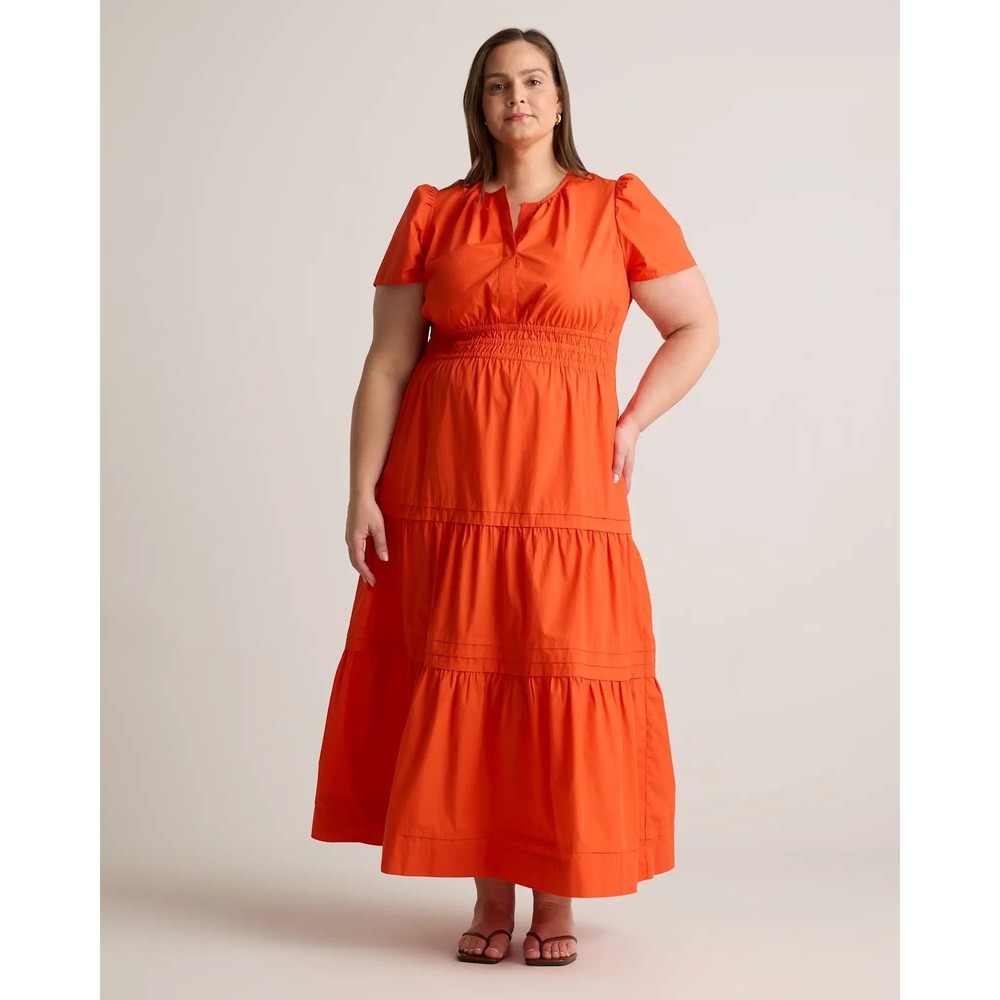 Quince 100% Organic Cotton Tiered Maxi Dress Vermilion Red Orange Smocked XL